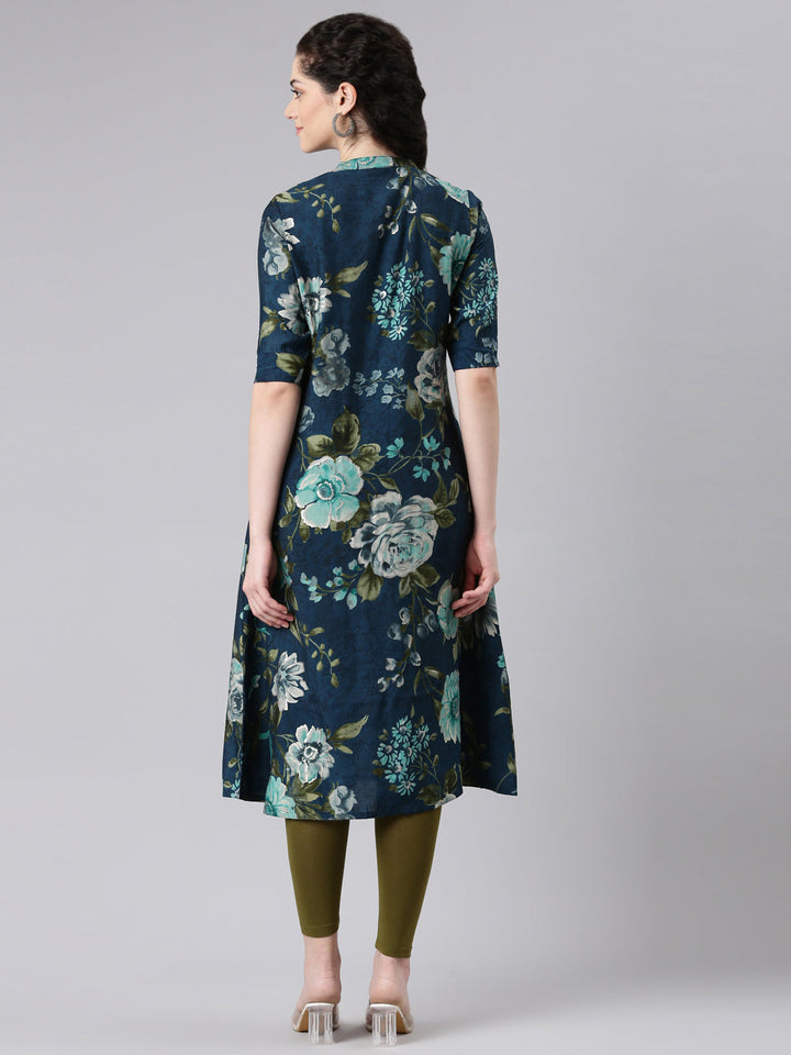 Neerus Blue floral printed straight kurta - side view
