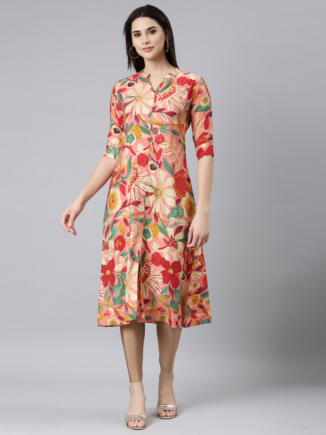 Neerus Multi floral printed straight kurti - front view