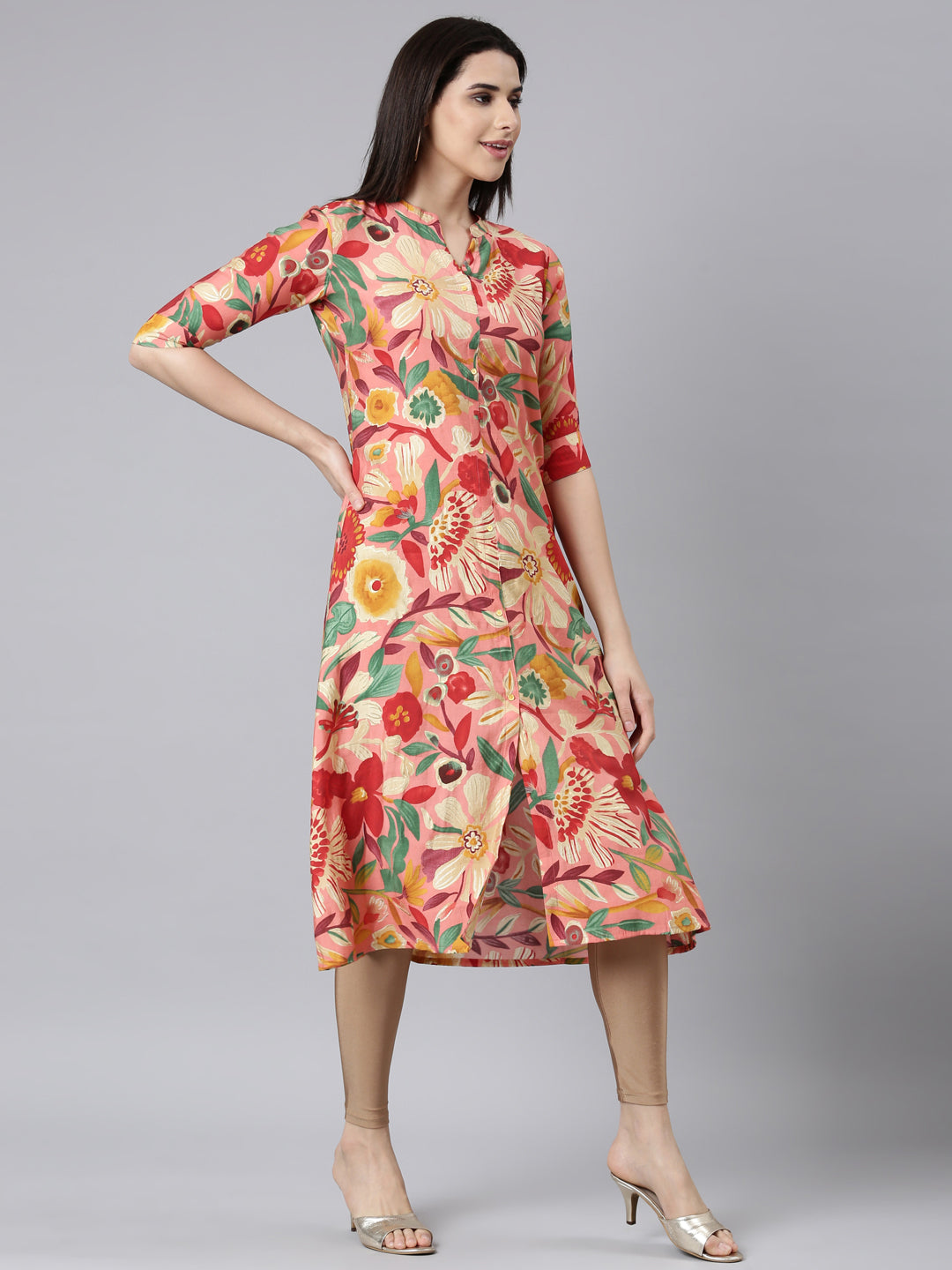 Neerus Multi floral printed straight kurti - back view