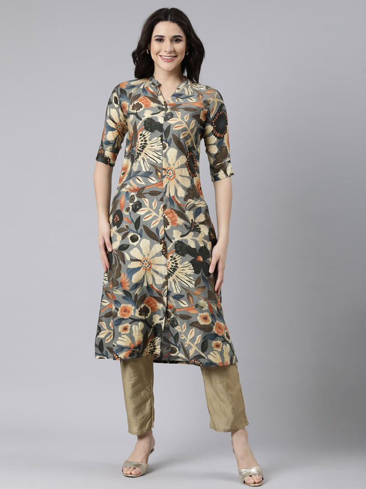 Neerus Grey floral printed straight kurti - front view