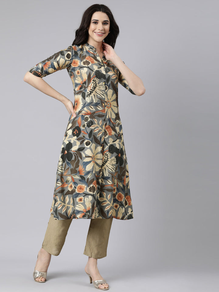 Neerus Grey floral printed straight kurti - back view