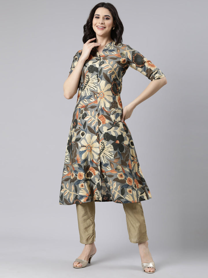 Neerus Grey floral printed straight kurti - detail view 2