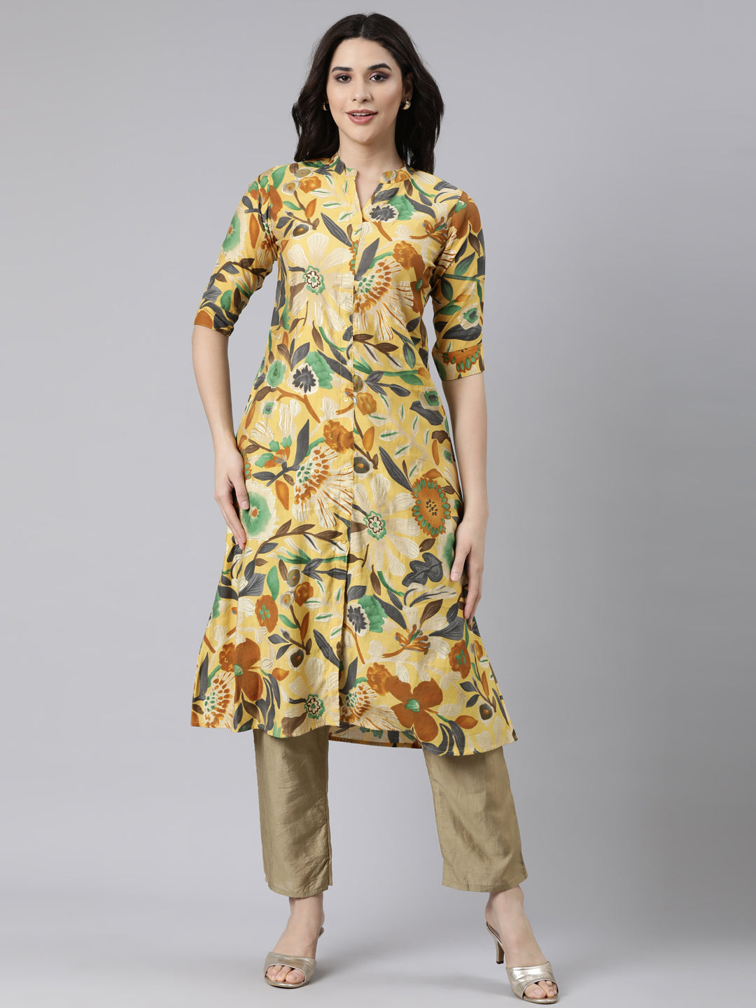 Neerus Yellow rayon printed straight kurti - front view
