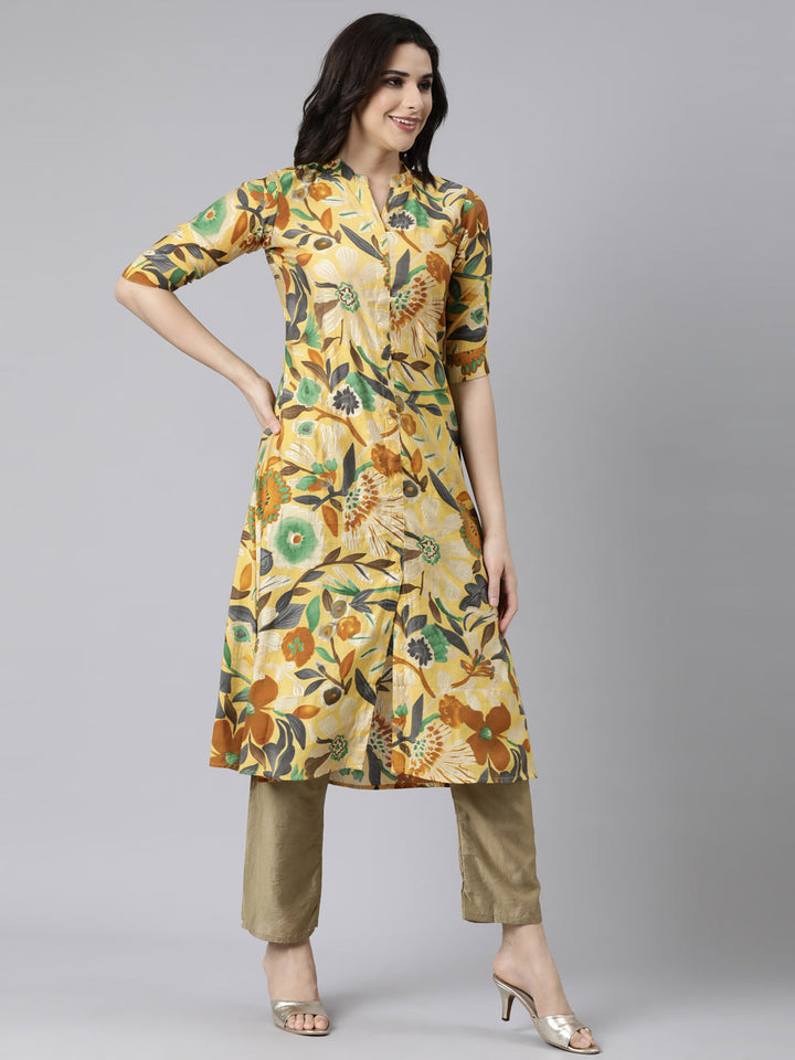 Neerus Yellow rayon printed straight kurti - back view