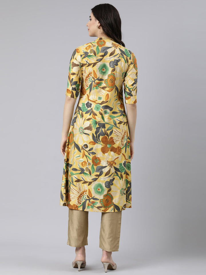 Neerus Yellow rayon printed straight kurti - side view