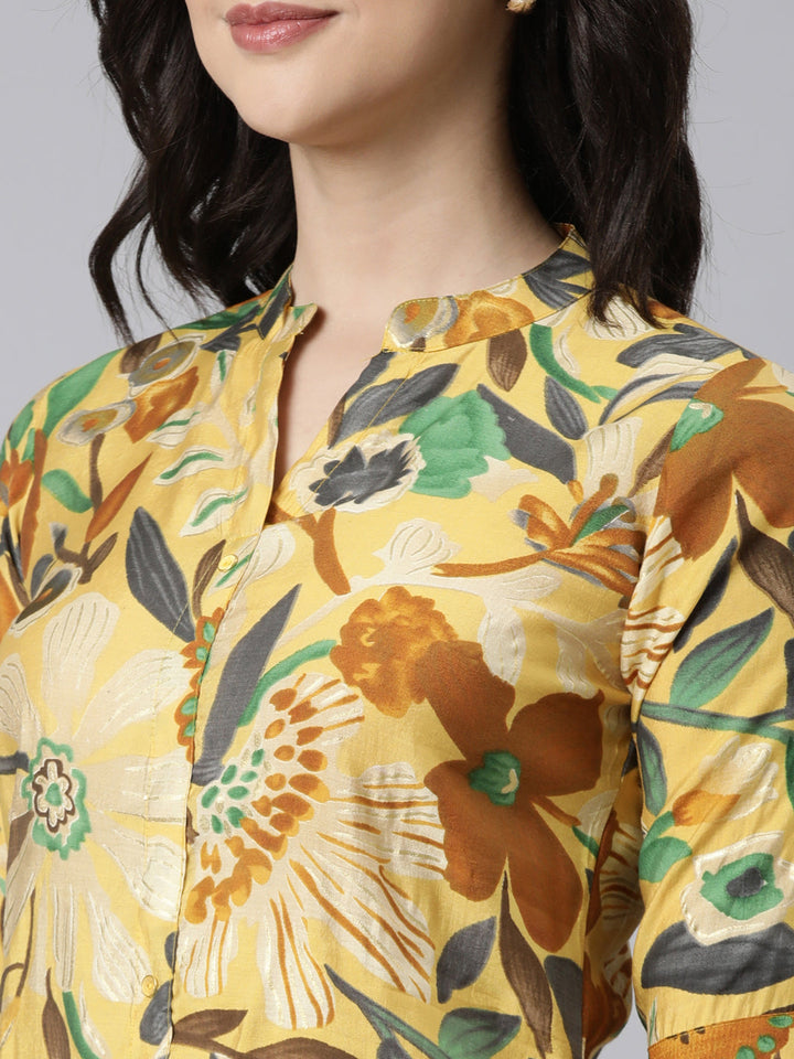 Neerus Yellow rayon printed straight kurti - detail view 1