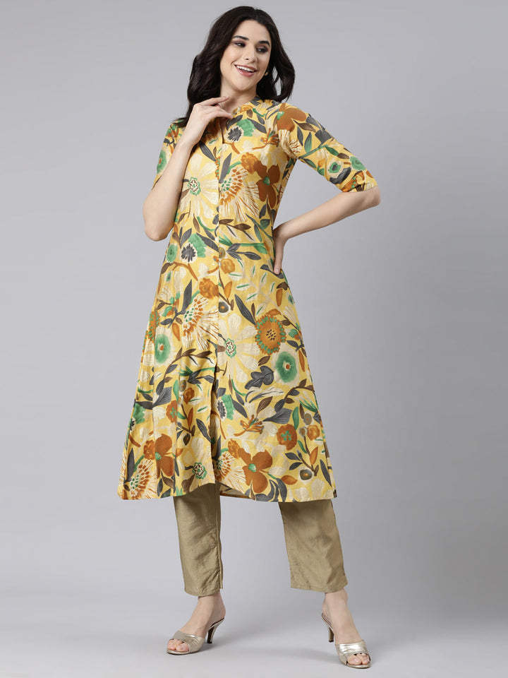Neerus Yellow rayon printed straight kurti - detail view 2