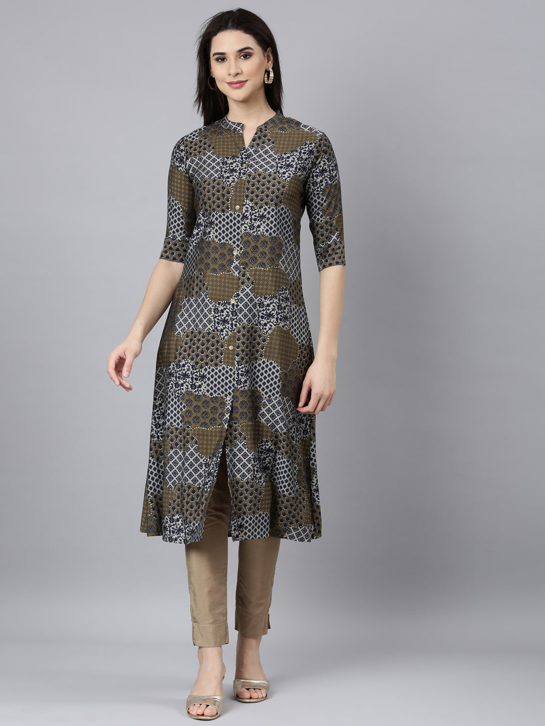 Neerus Blue geometric printed straight kurti - front view
