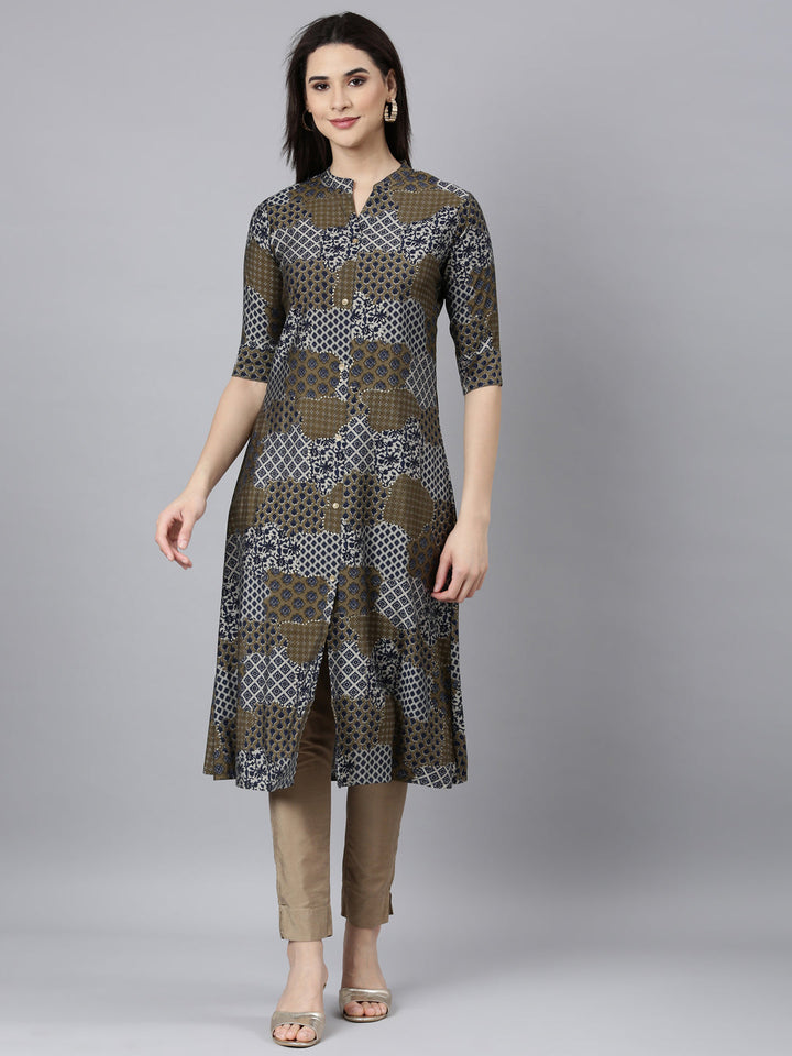 Neerus Blue geometric printed straight kurti - front view