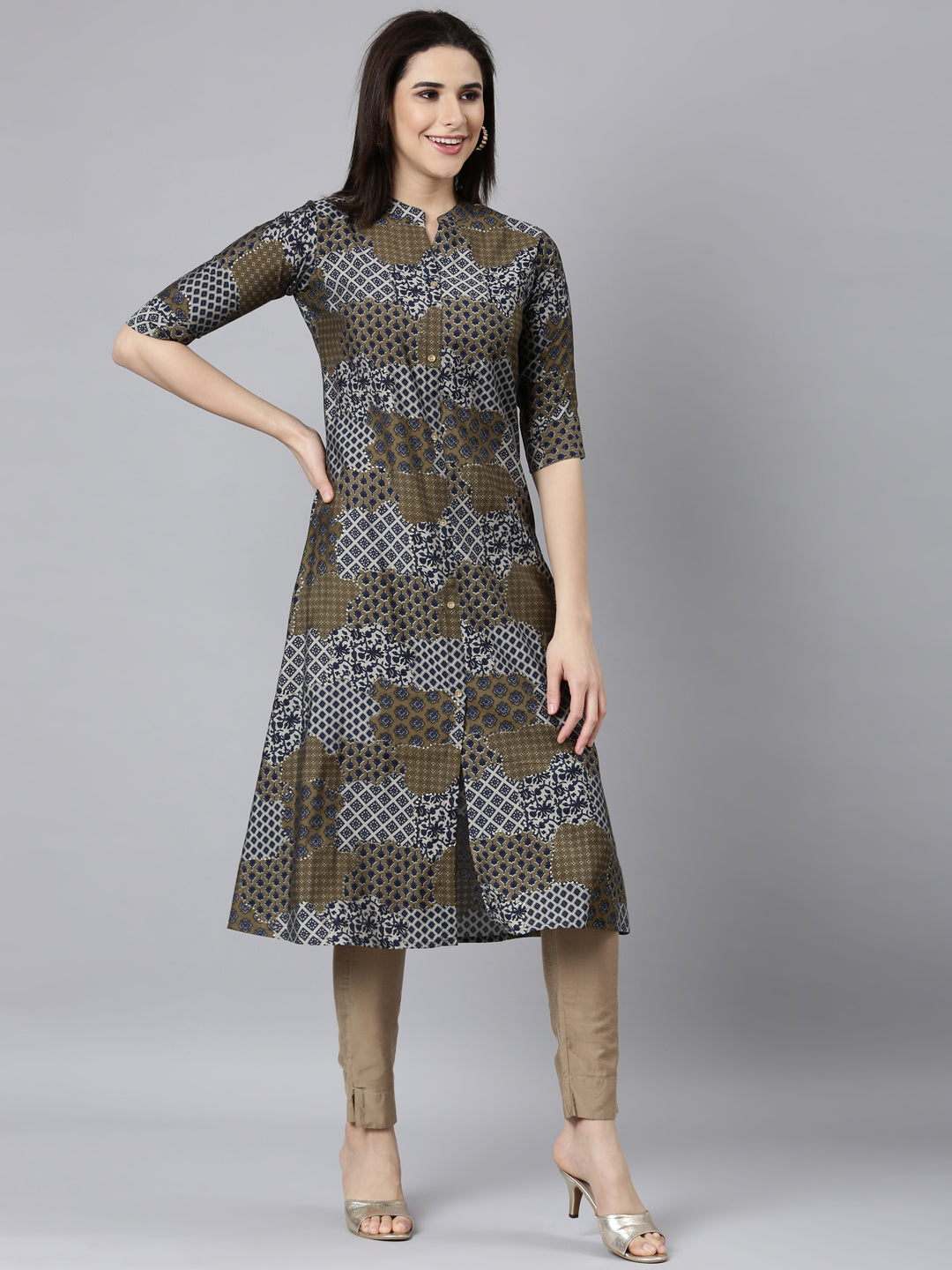 Neerus Blue geometric printed straight kurti - back view