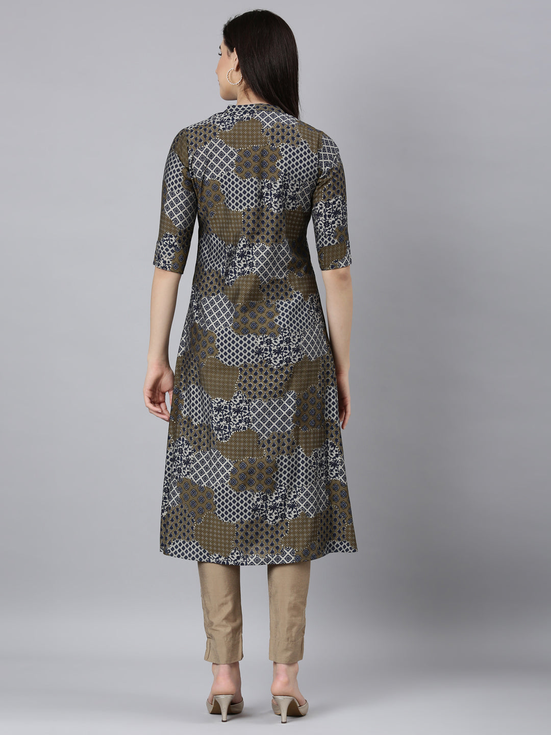 Neerus Blue geometric printed straight kurti - side view