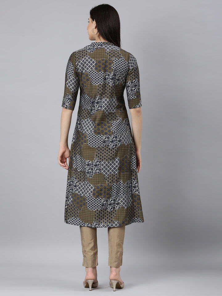 Neerus Blue geometric printed straight kurti - side view