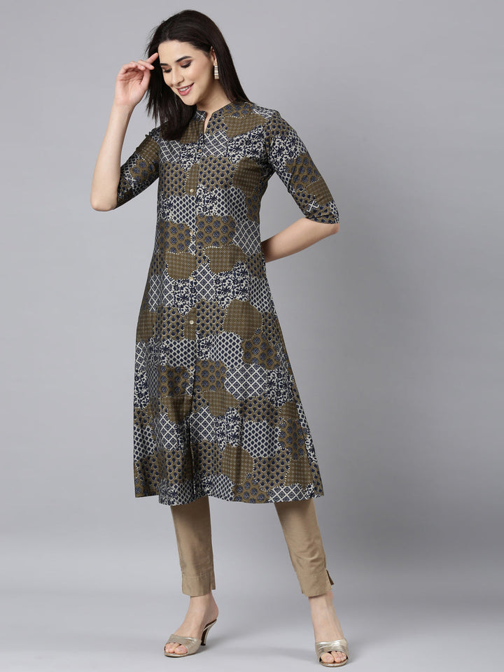 Neerus Blue geometric printed straight kurti - detail view 2