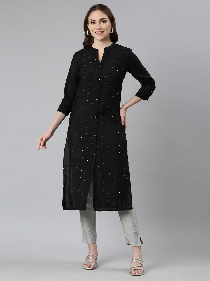 Neerus Black raw silk embellished straight kurti - front view