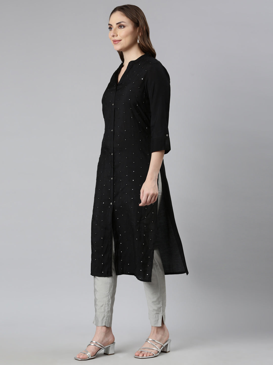 Neerus Black raw silk embellished straight kurti - back view