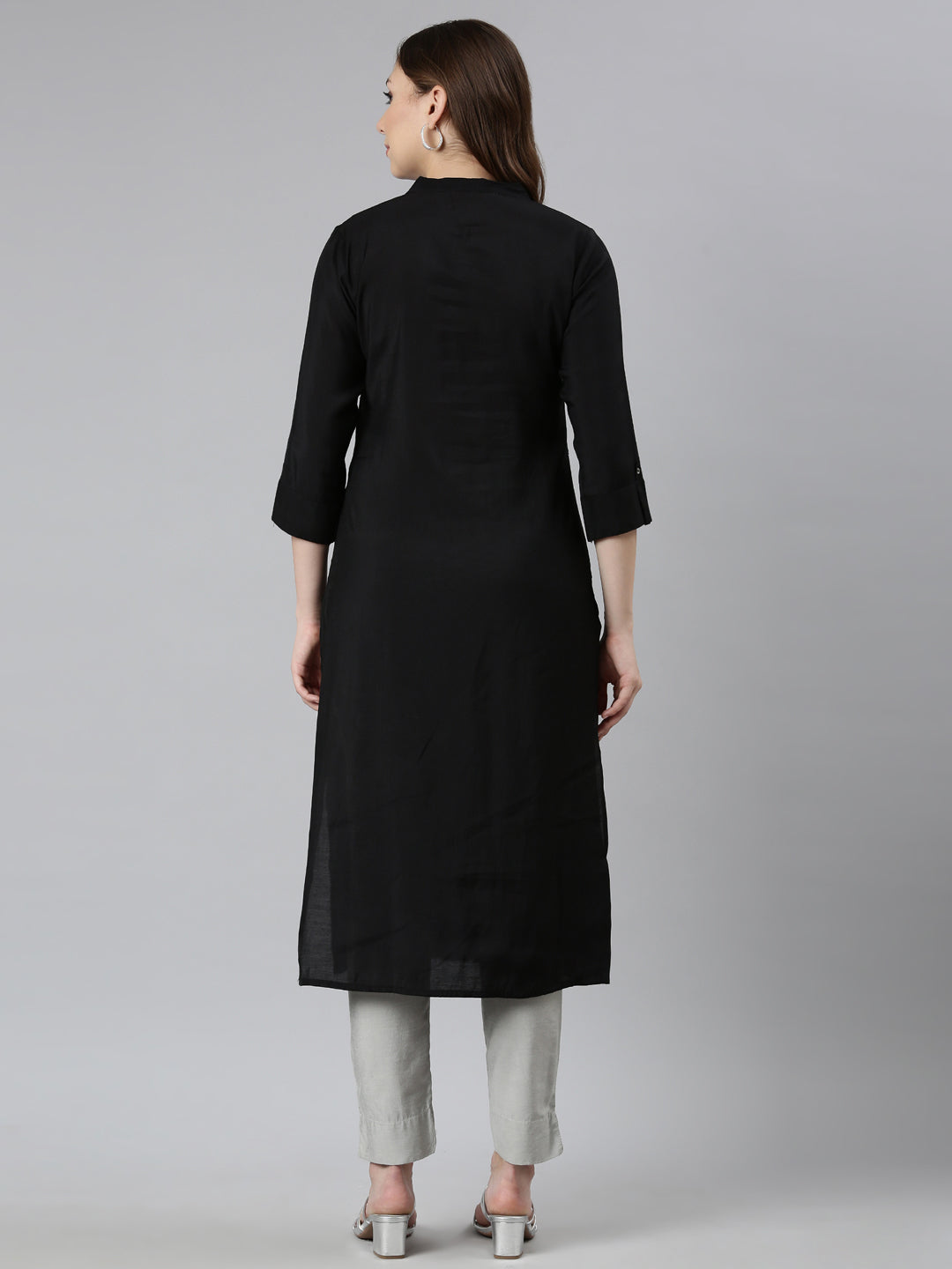 Neerus Black raw silk embellished straight kurti - side view