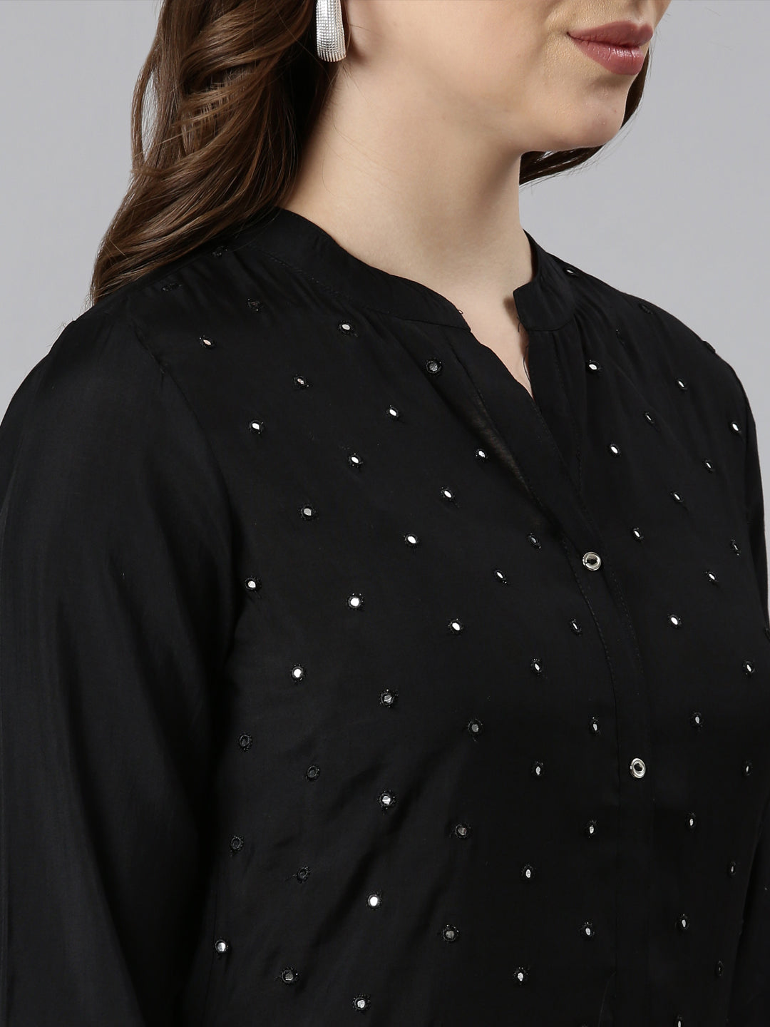 Neerus Black raw silk embellished straight kurti - detail view 1