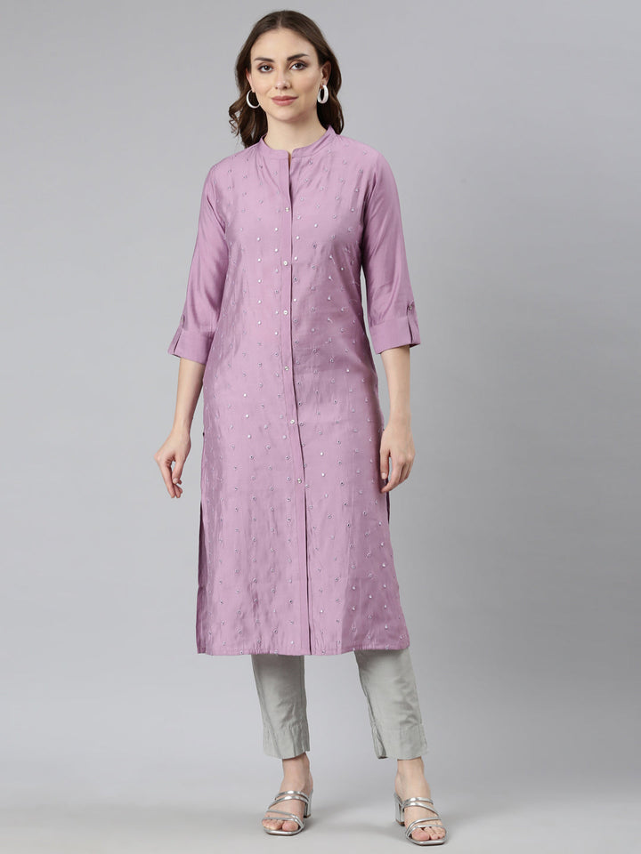 Neerus Purple embellished straight panelled kurti - front view