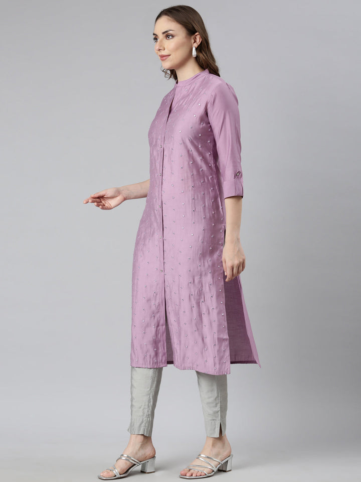 Neerus Purple embellished straight panelled kurti - back view