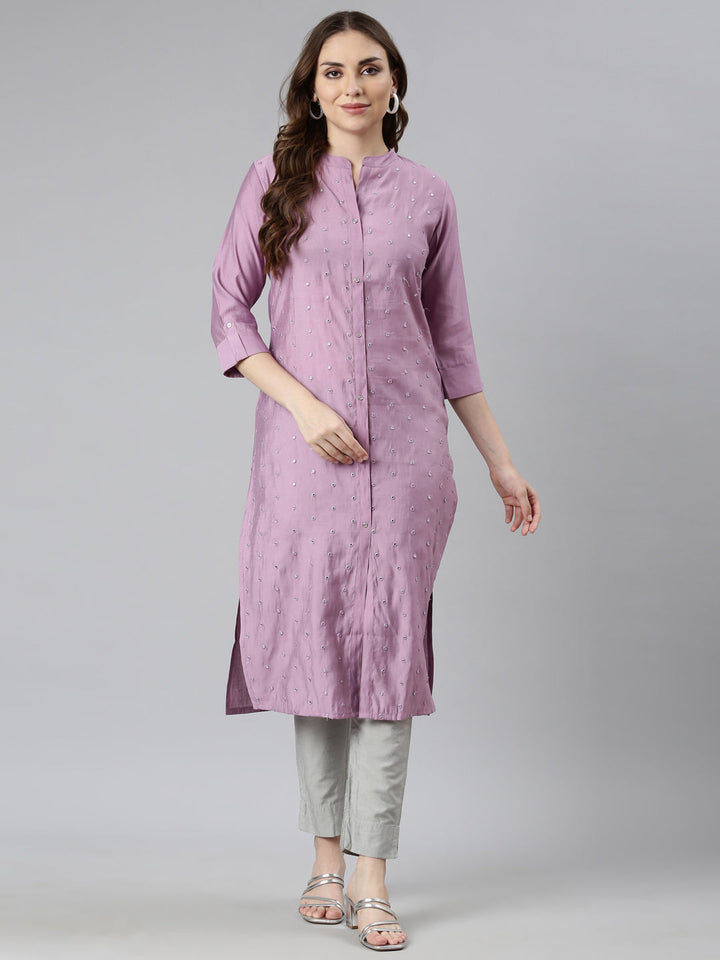 Neerus Purple embellished straight panelled kurti - detail view 1