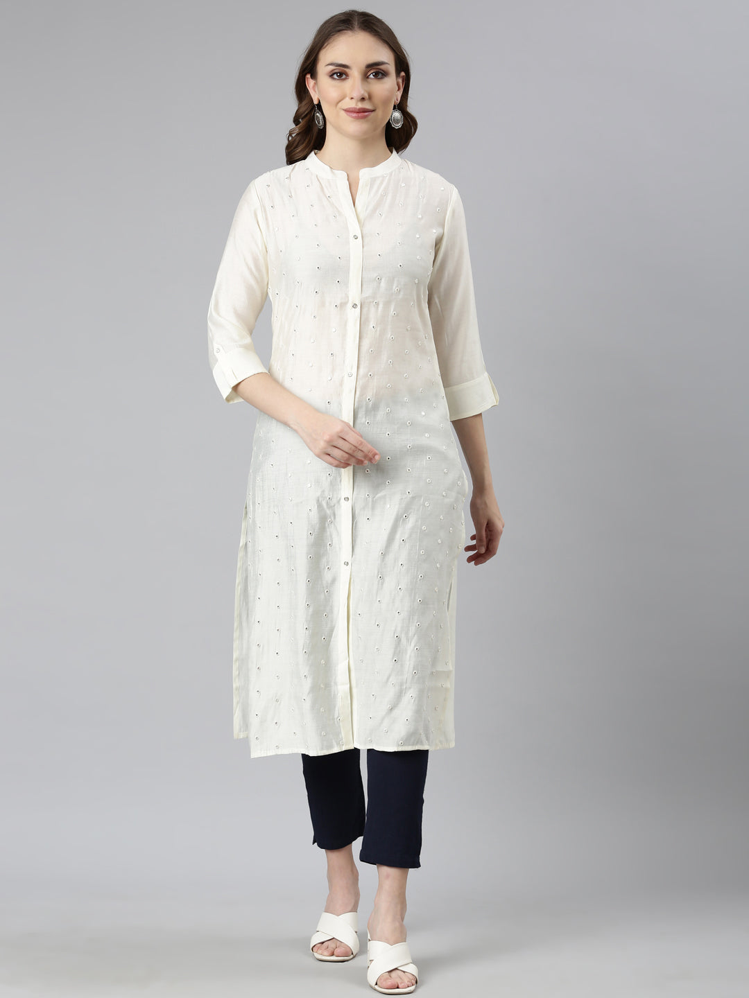 Neerus White embellished straight kurti panelled - front view