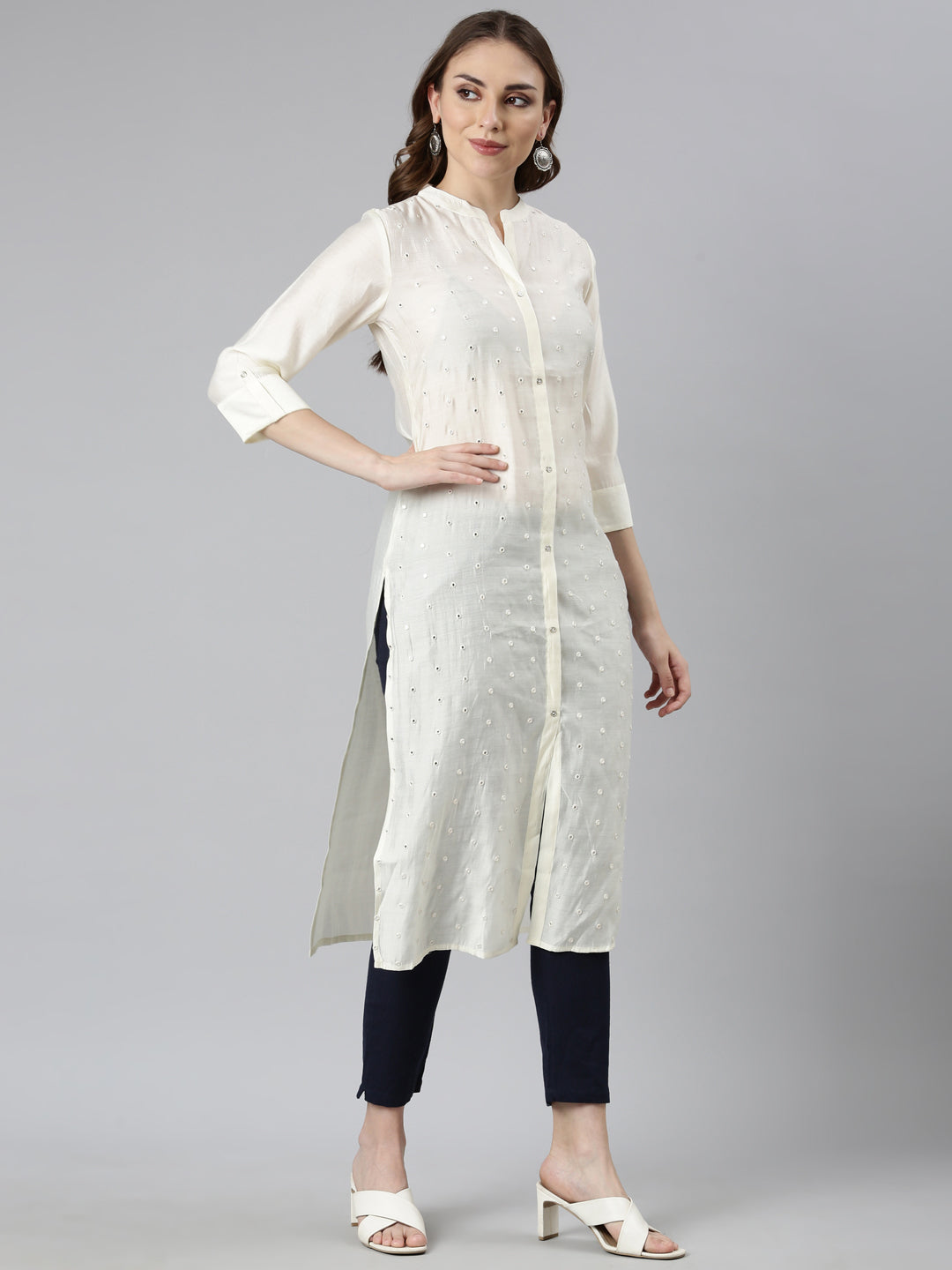 Neerus White embellished straight kurti panelled - back view