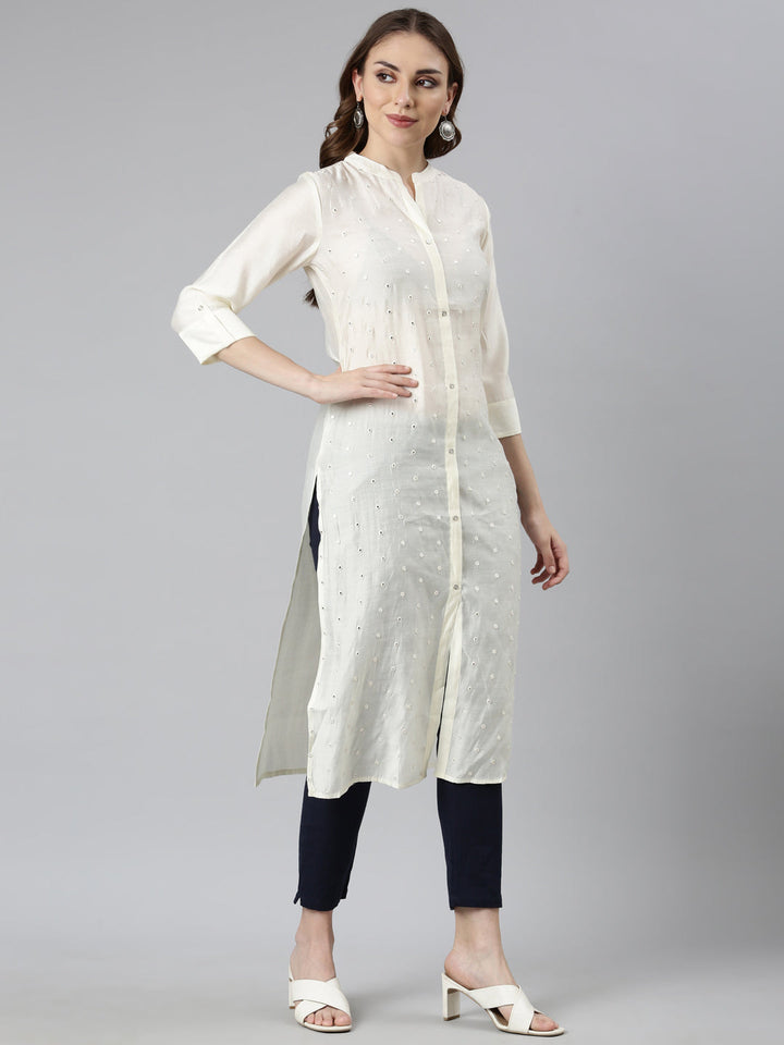 Neerus White embellished straight kurti panelled - back view