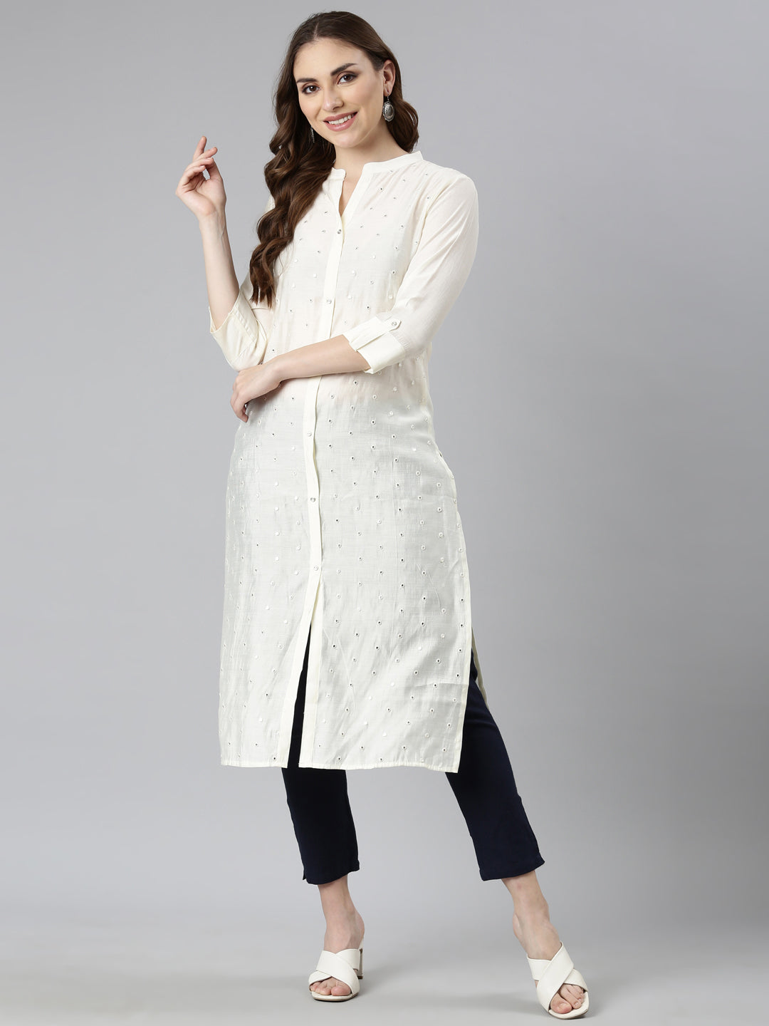 Neerus White embellished straight kurti panelled - detail view 1