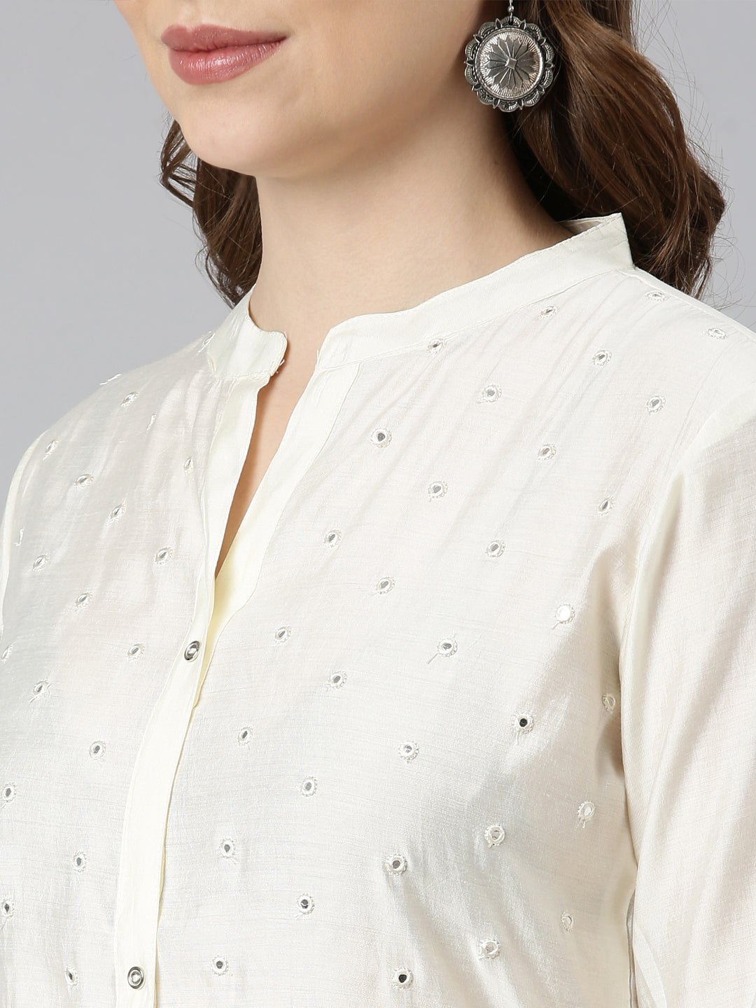 Neerus White embellished straight kurti panelled - detail view 2