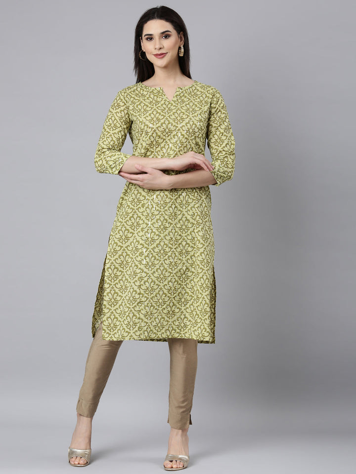 Neerus Green cotton printed straight kurti - front view