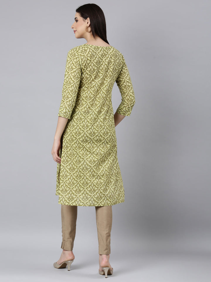 Neerus Green cotton printed straight kurti - side view