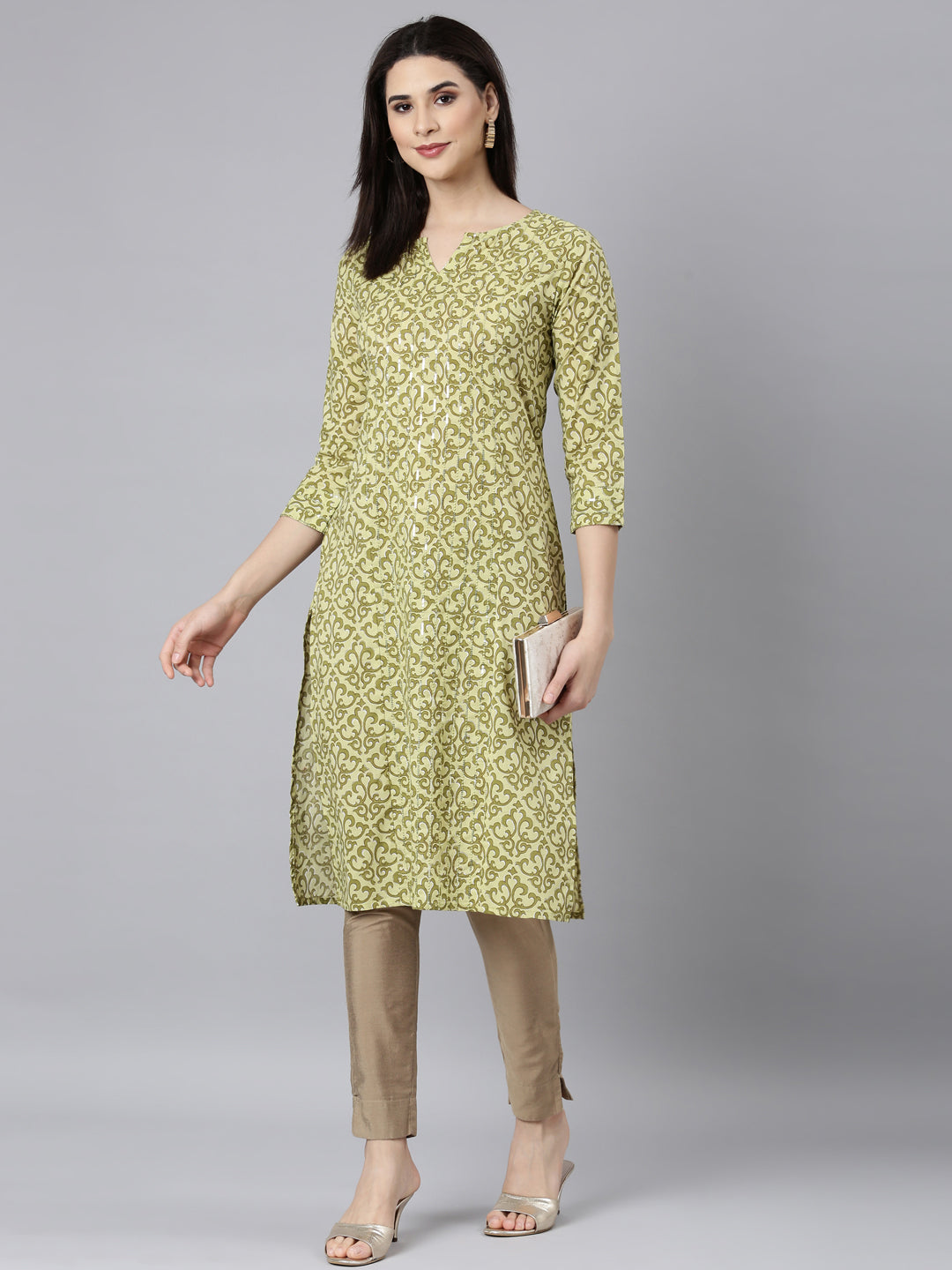 Neerus Green cotton printed straight kurti - detail view 2