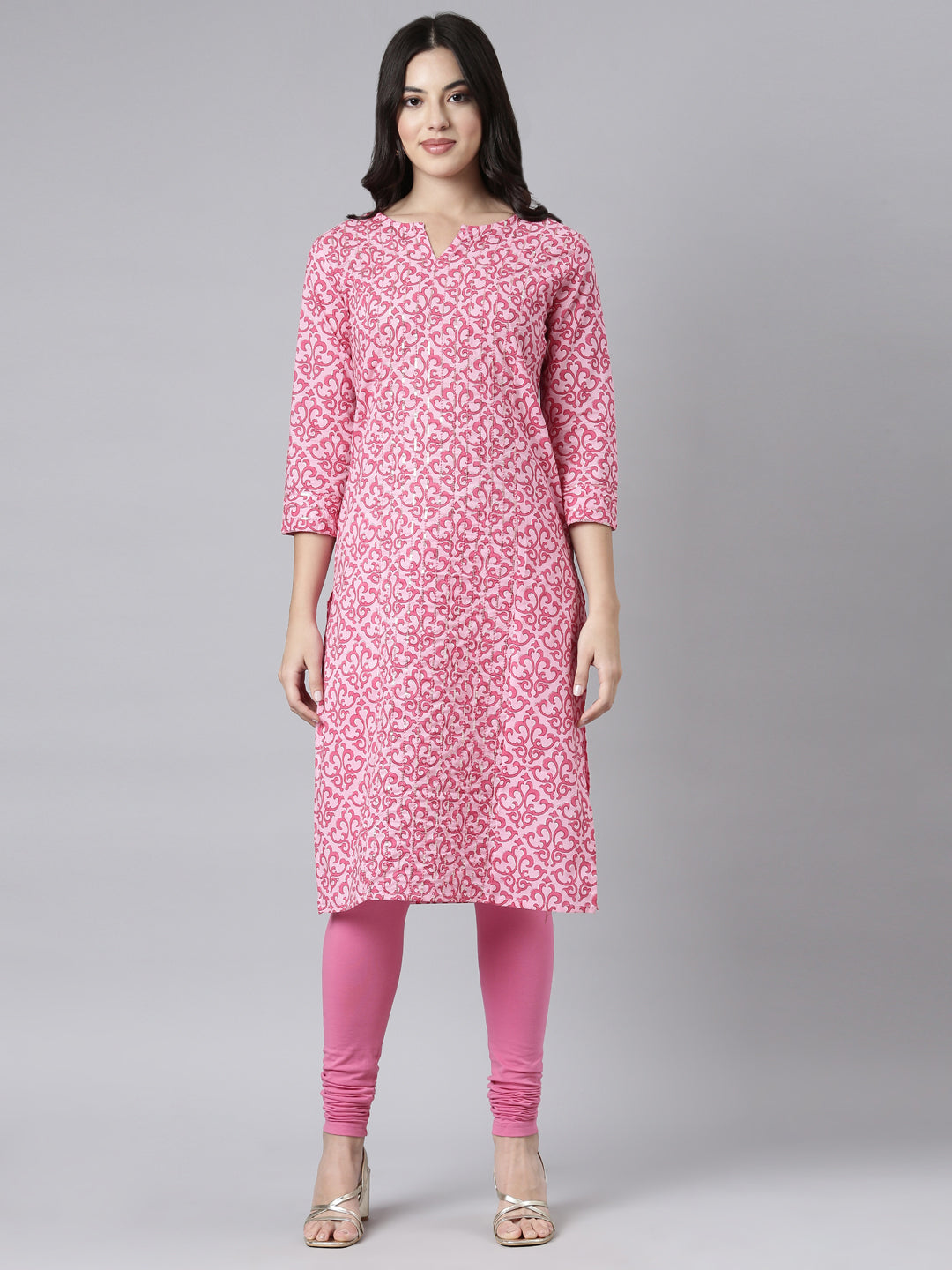 Neerus Pink floral printed straight kurti - front view