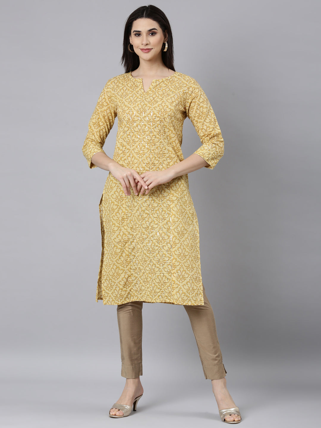 Neerus Yellow printed floral straight kurti - front view