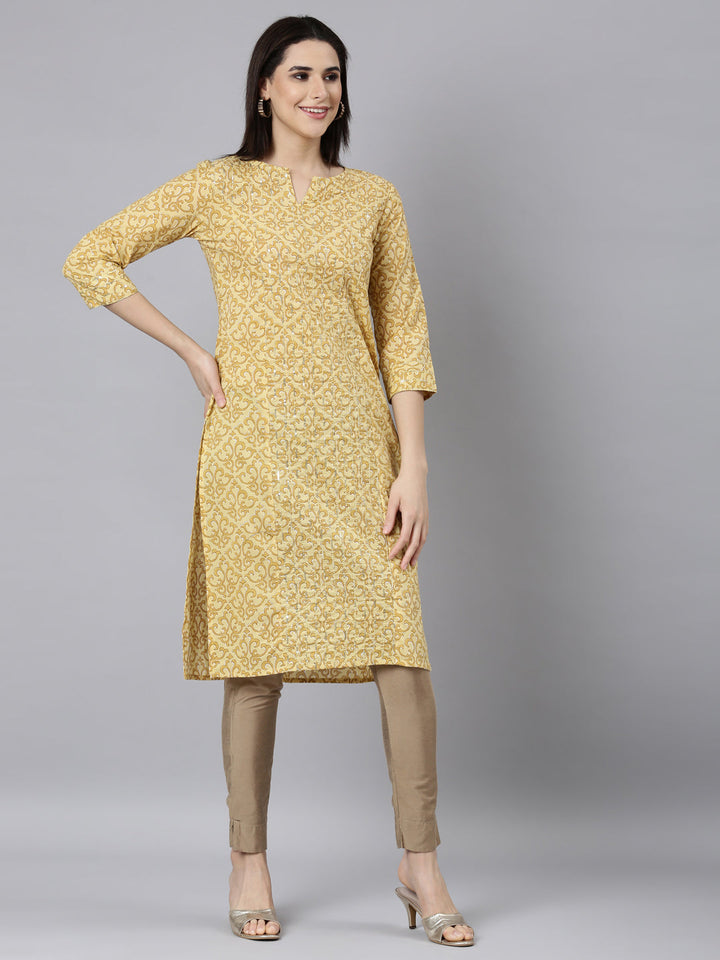 Neerus Yellow printed floral straight kurti - back view