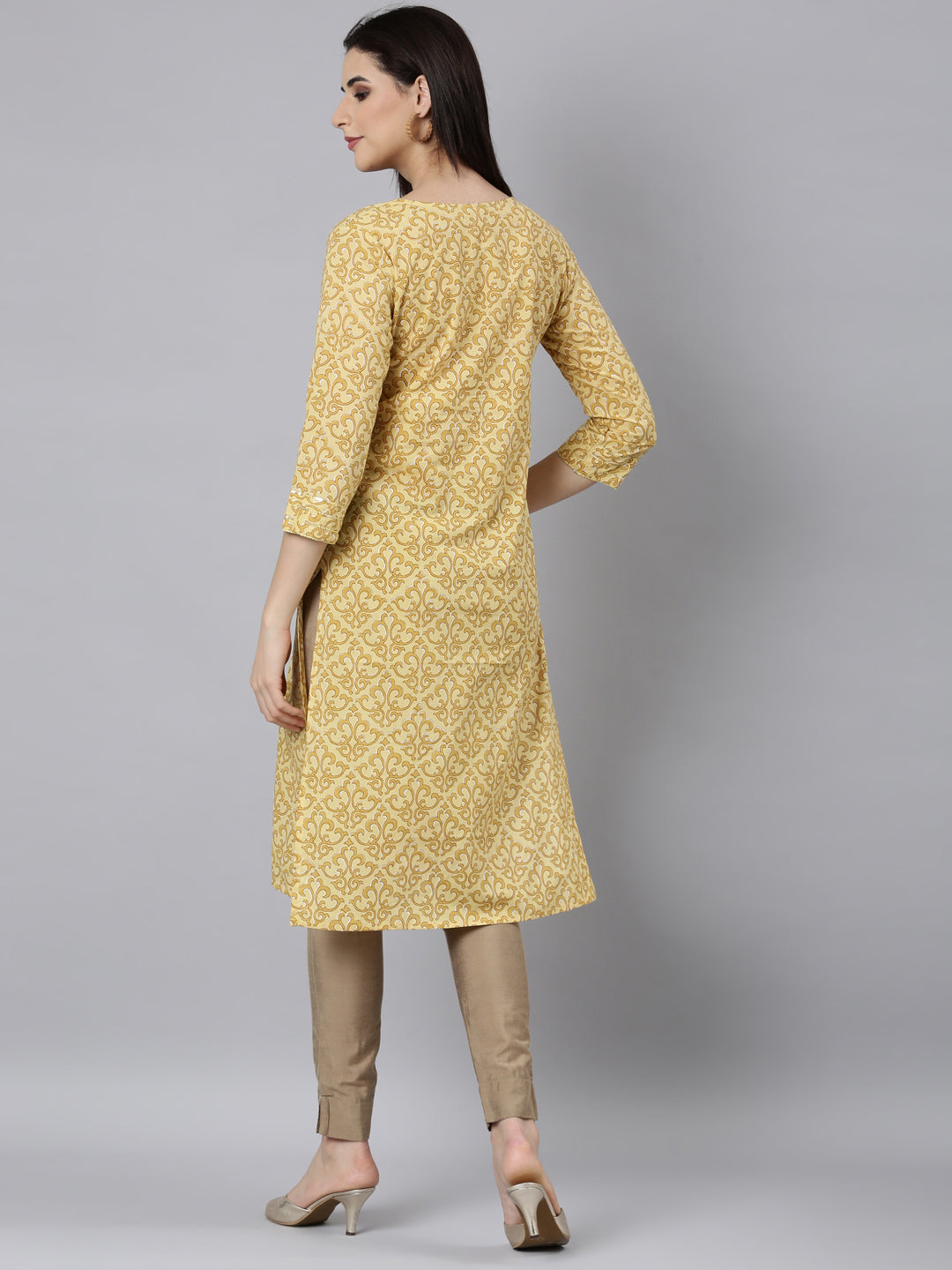 Neerus Yellow printed floral straight kurti - side view