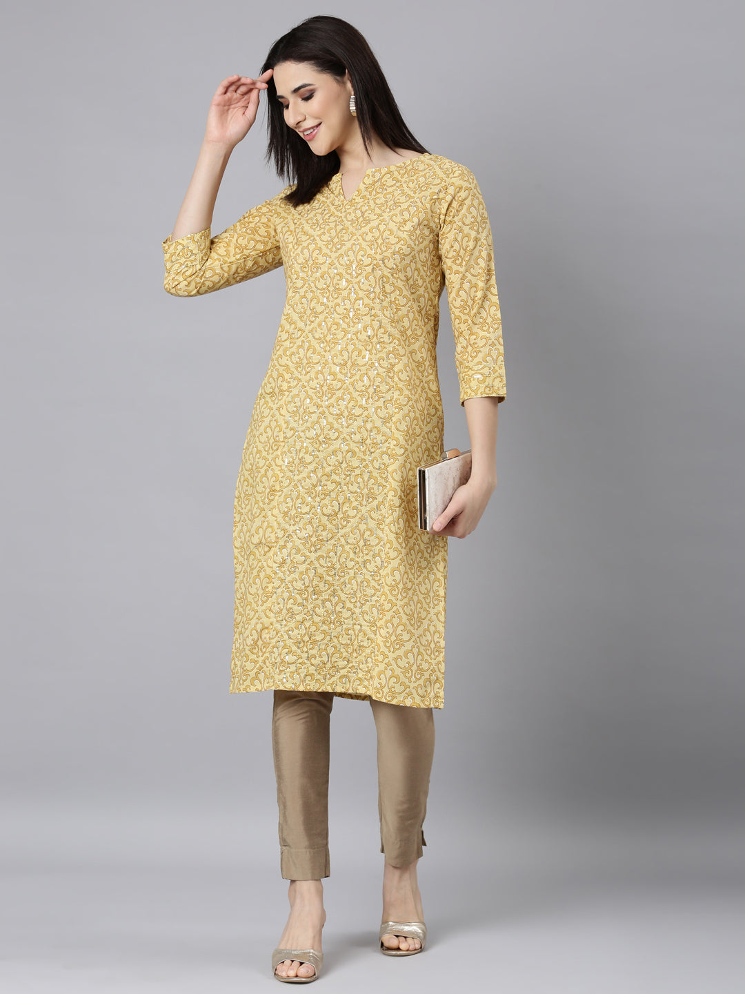 Neerus Yellow printed floral straight kurti - detail view 2