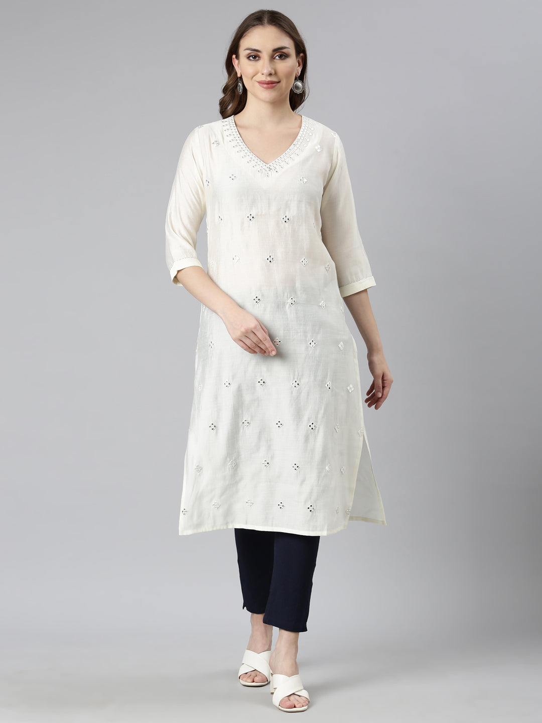 Neerus Beige rayon embellished straight kurti - front view
