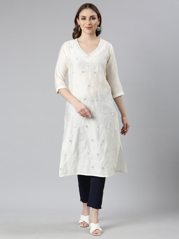 Neerus Beige rayon embellished straight kurti - front view