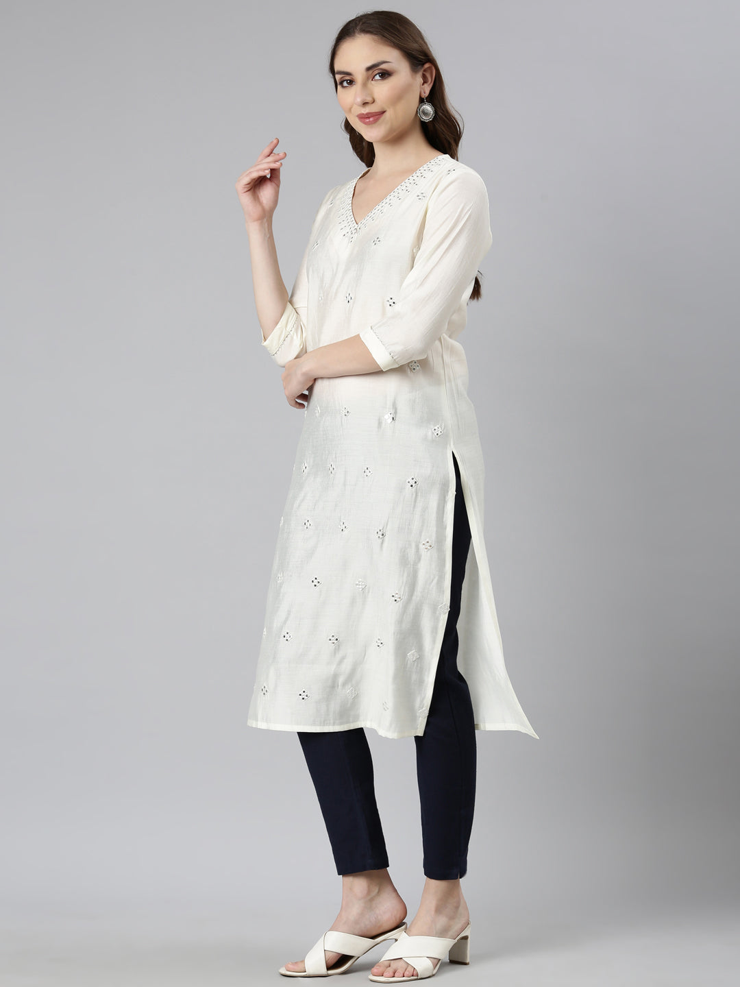 Neerus Beige rayon embellished straight kurti - back view