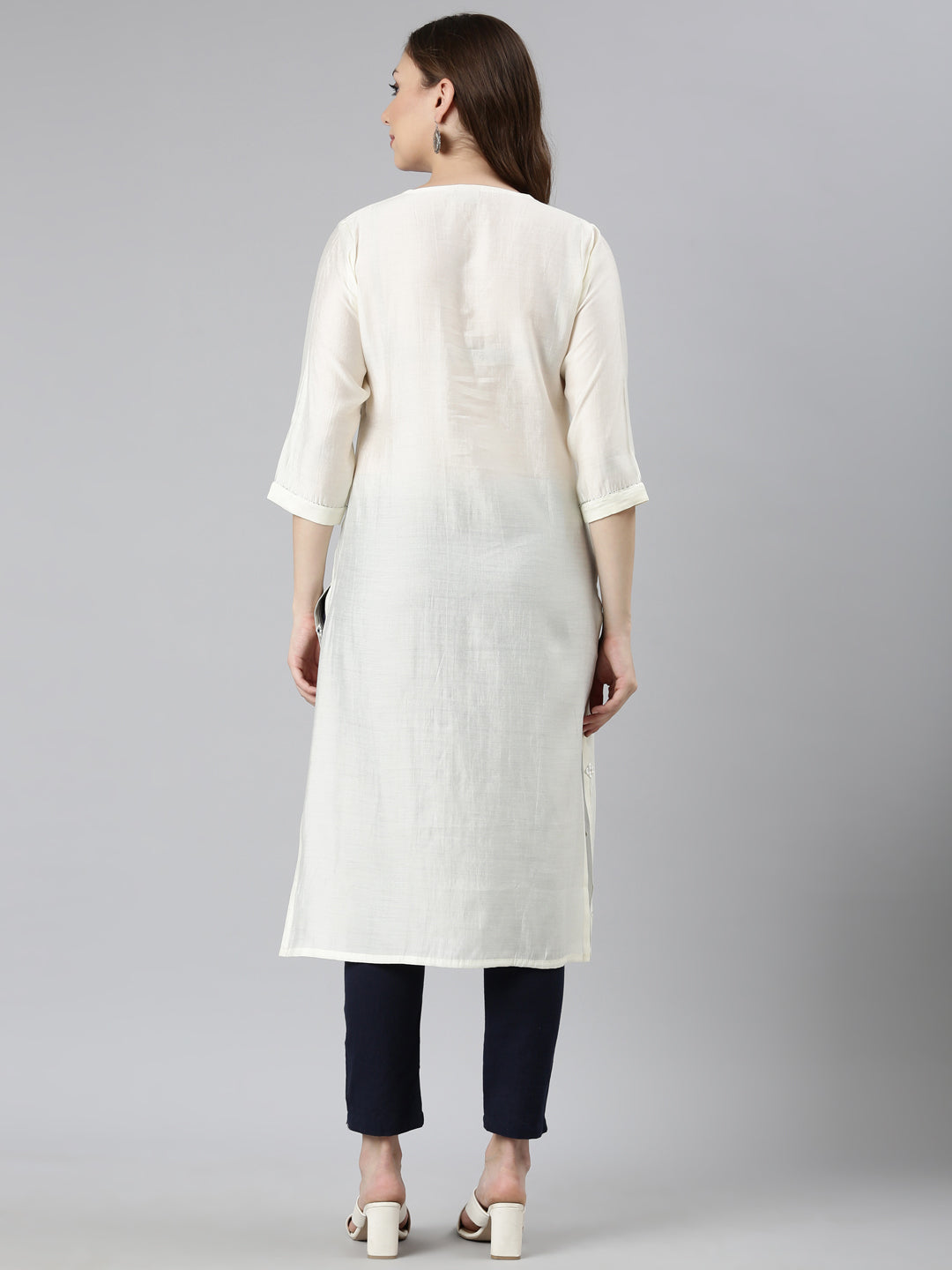 Neerus Beige rayon embellished straight kurti - side view