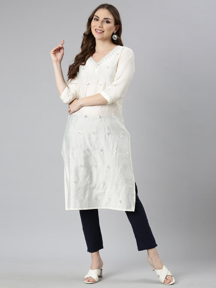 Neerus Beige rayon embellished straight kurti - detail view 1