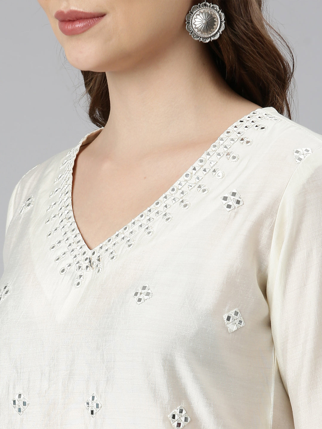 Neerus Beige rayon embellished straight kurti - detail view 2