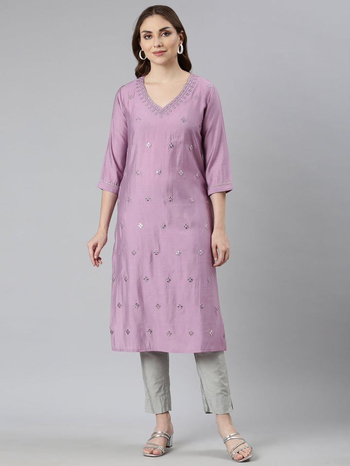 Neerus Purple embellished panelled straight kurti - front view