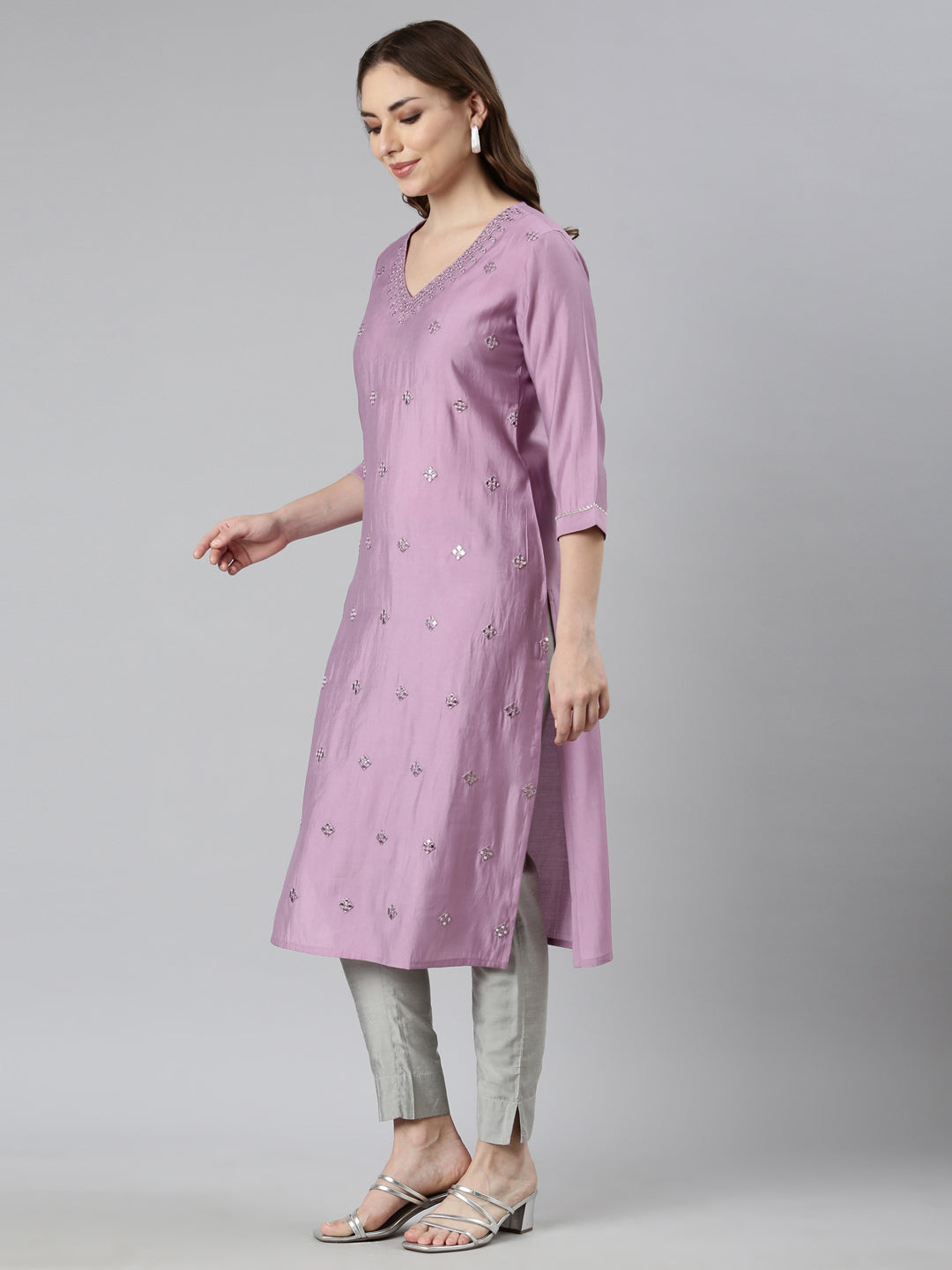 Neerus Purple embellished panelled straight kurti - back view