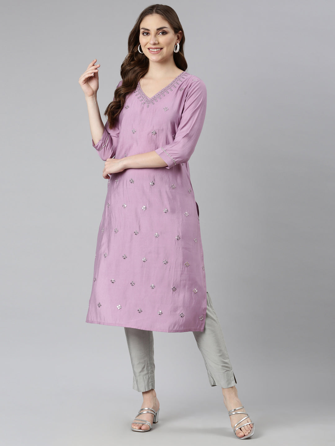 Neerus Purple embellished panelled straight kurti - detail view 1