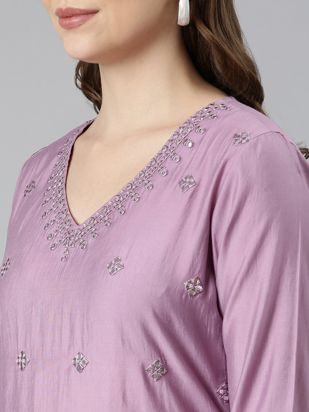 Neerus Purple embellished panelled straight kurti - detail view 2
