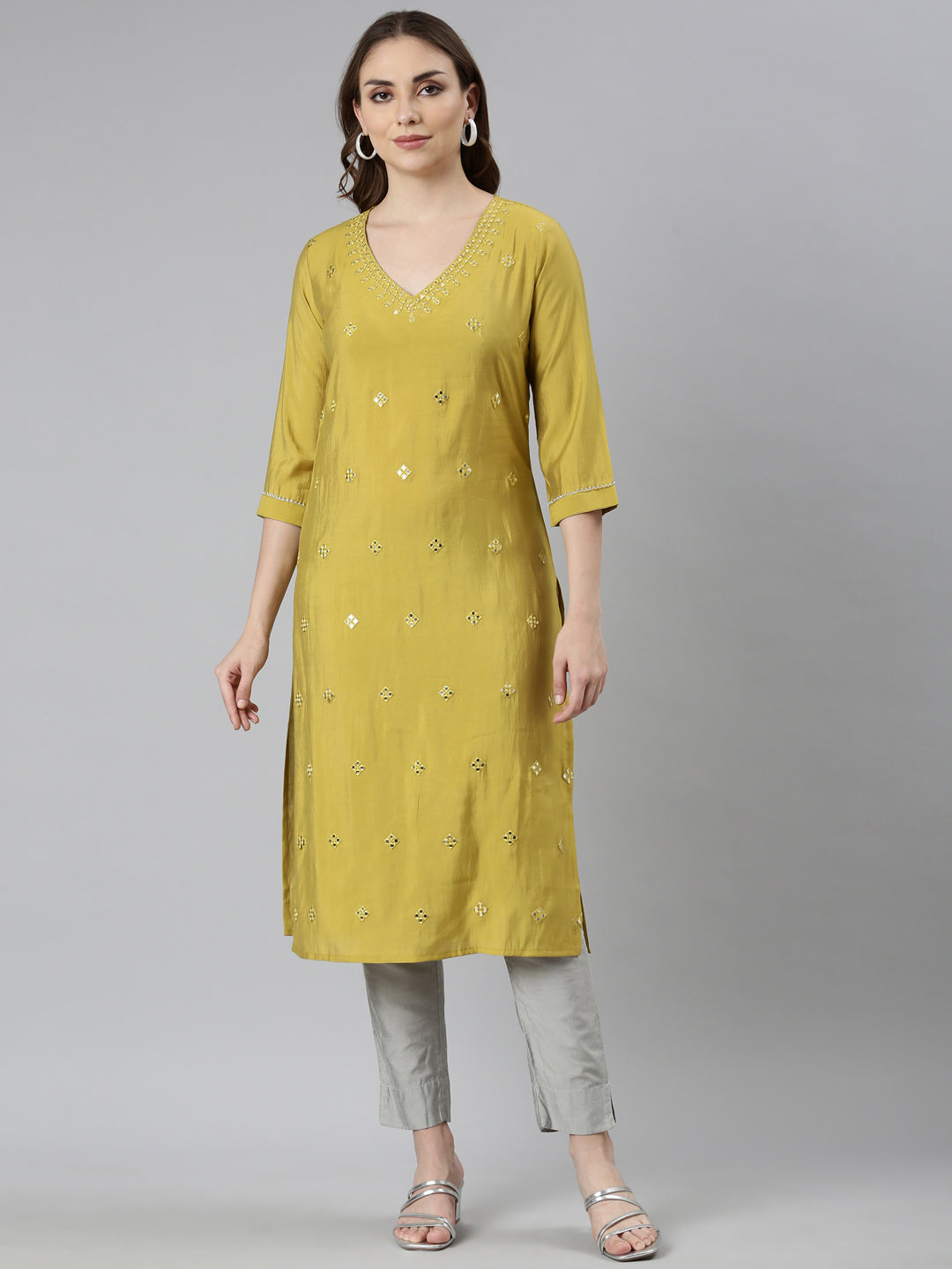 Neerus Green Rayon Embellished Straight Kurti - front view