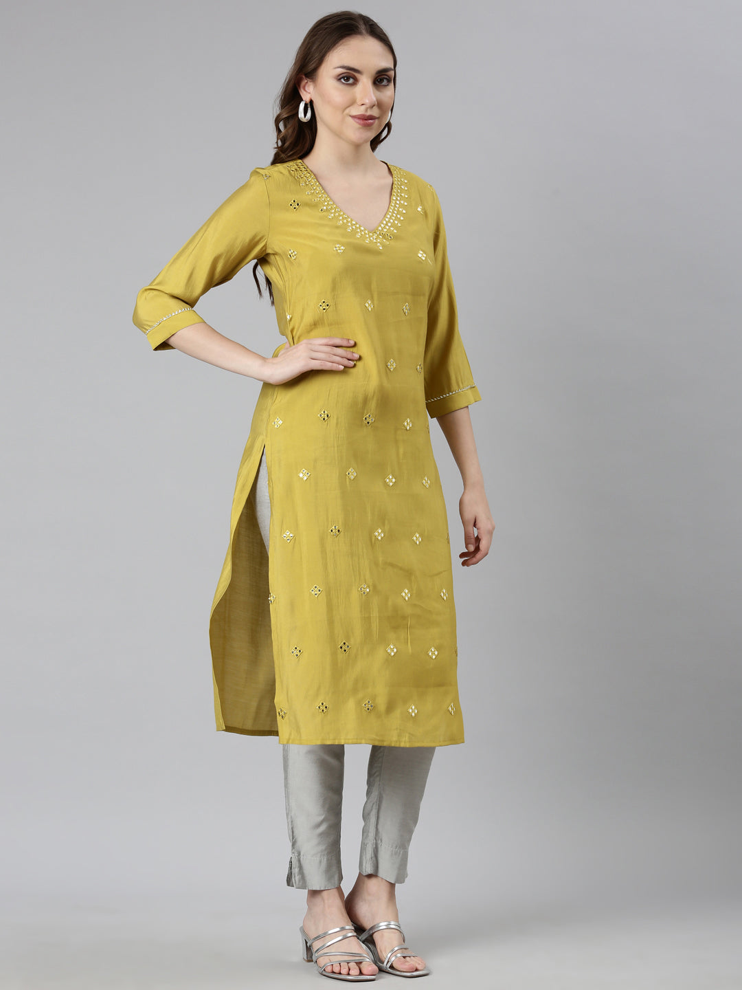 Neerus Green Rayon Embellished Straight Kurti - back view