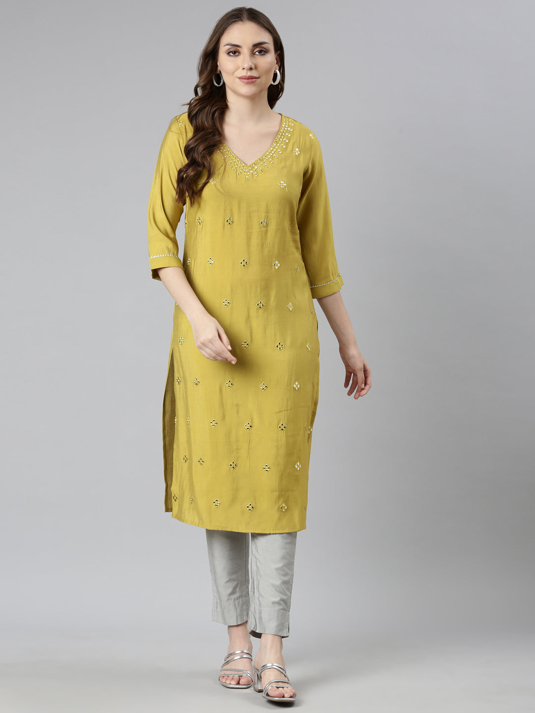 Neerus Green Rayon Embellished Straight Kurti - detail view 1